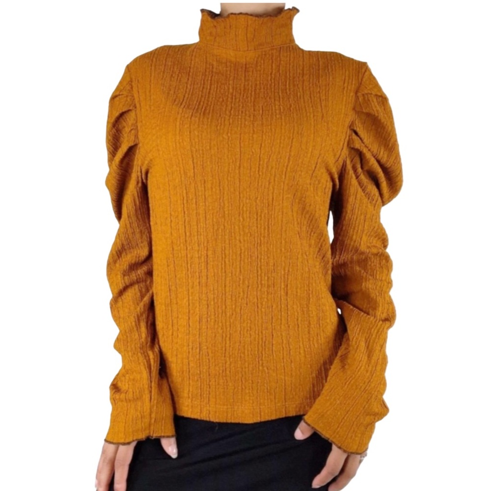 Free People Mustard Ribbed Puff-Sleeve Mock Neck Top
